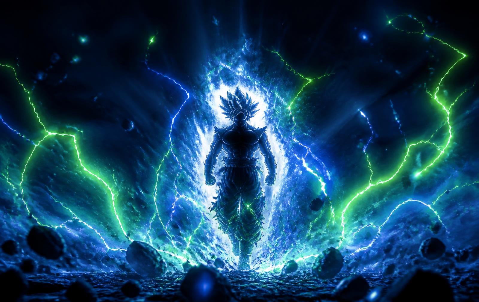 Ultra instinct aura of neon green and blue lightning over a Base-blue abyss